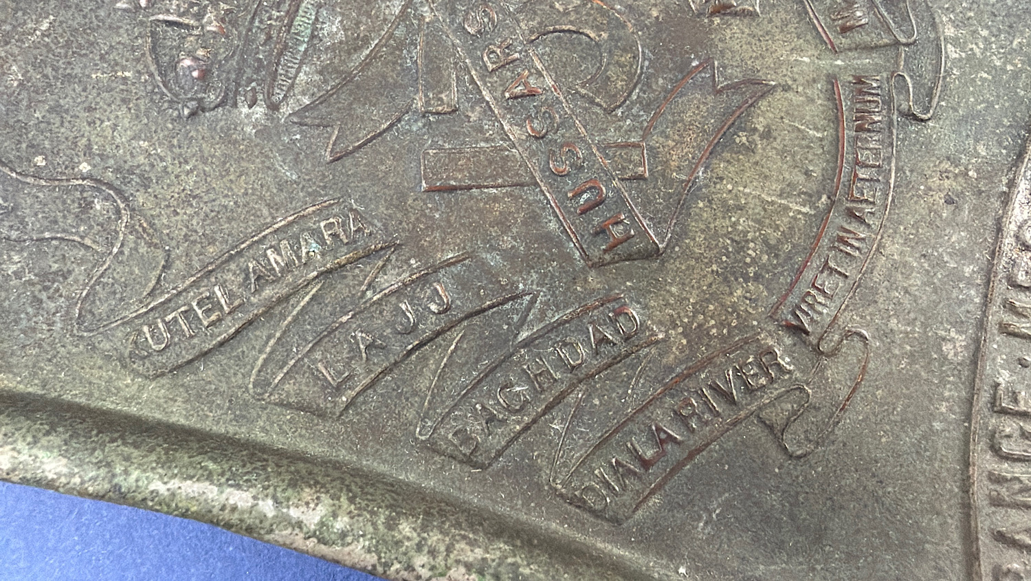 Close-up of the 13th Hussars battle honours including Kut-el-Amara, Lajj, Baghdad, Diala River and Hadraniyah.