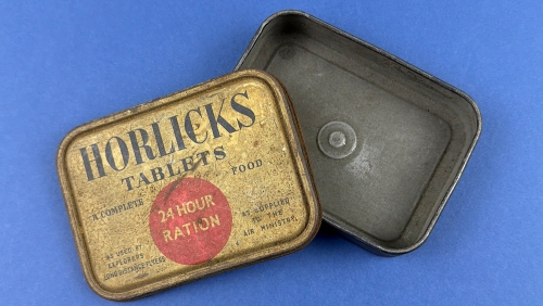Original WW2 Home Front Horlicks Tablets 24 Hour Ration tin with lid removed, showing the clean interior and Air Ministry ration branding.