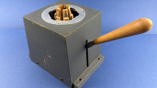 WW2 British Home Front gas mask filter sealing machine with wooden clamping jaws and long wooden operating handle